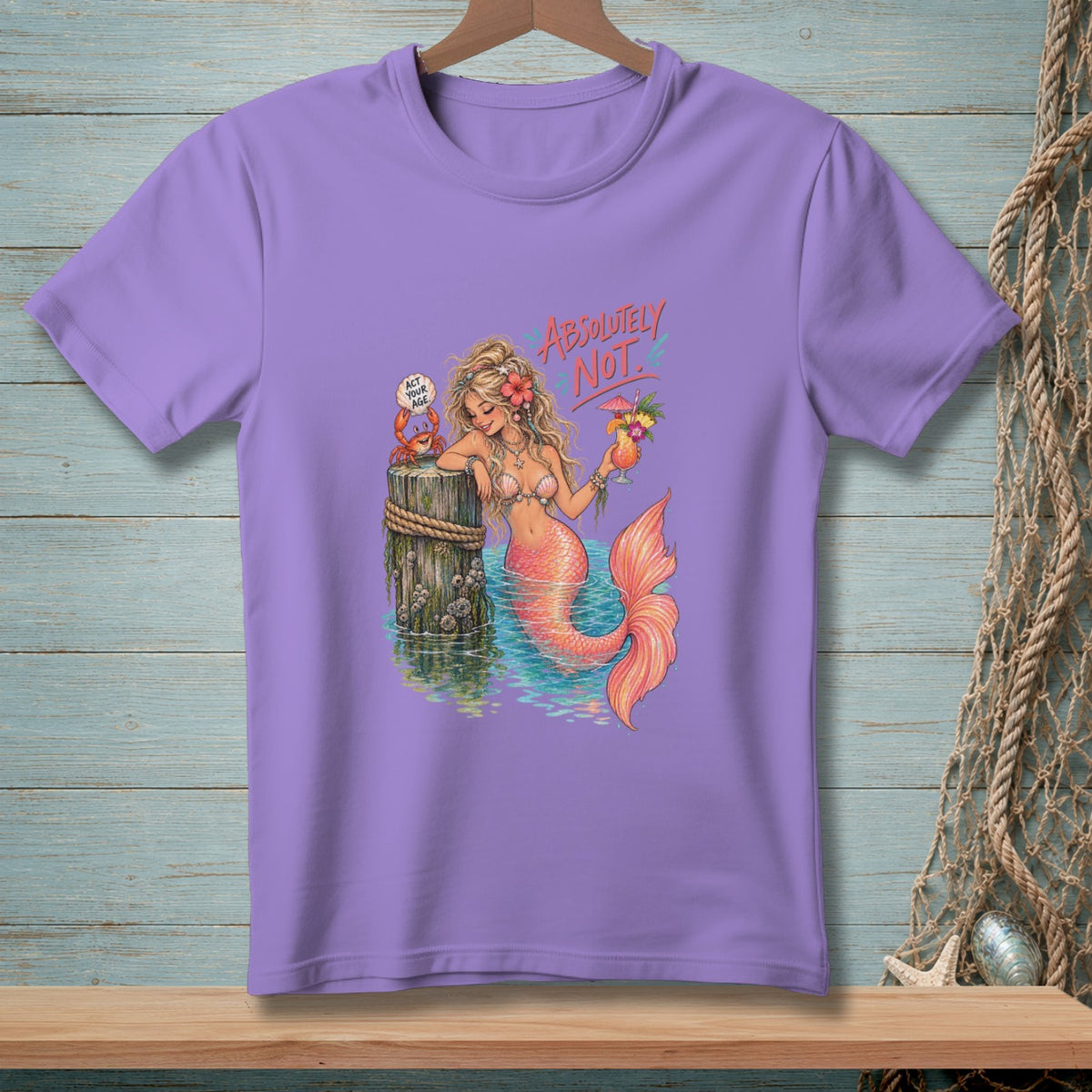 Mermaid with cocktail, crab, and text "ABSOLUTELY NOT".