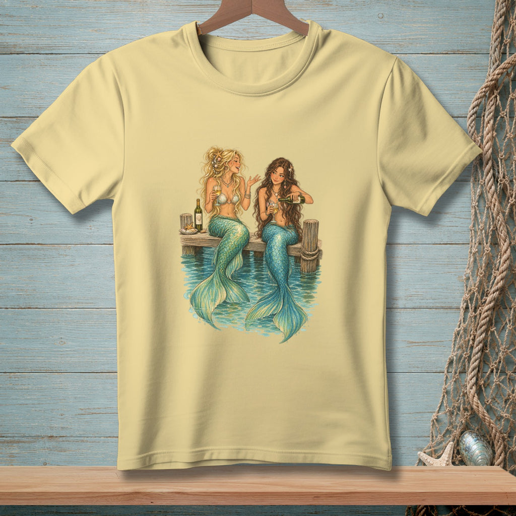 Two mermaids with blue tails sit on a dock, holding drinks.