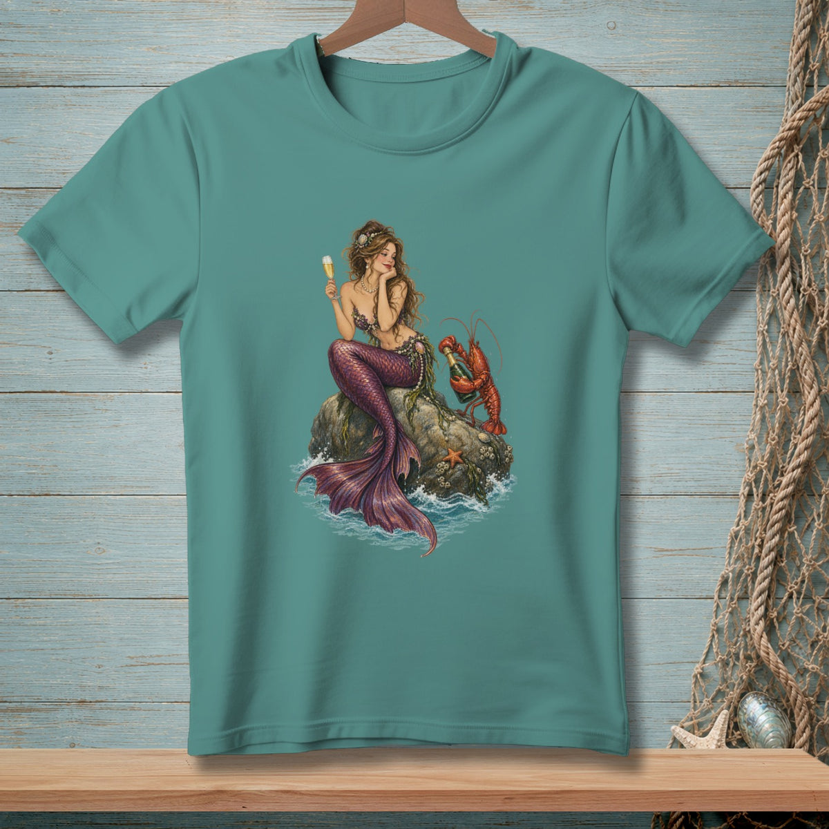 Mermaid with a glass of champagne and a lobster on a rock.