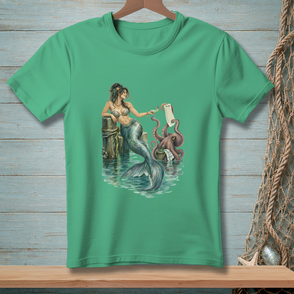 Mermaid and octopus on a dock with a "To Do" list and drinks.