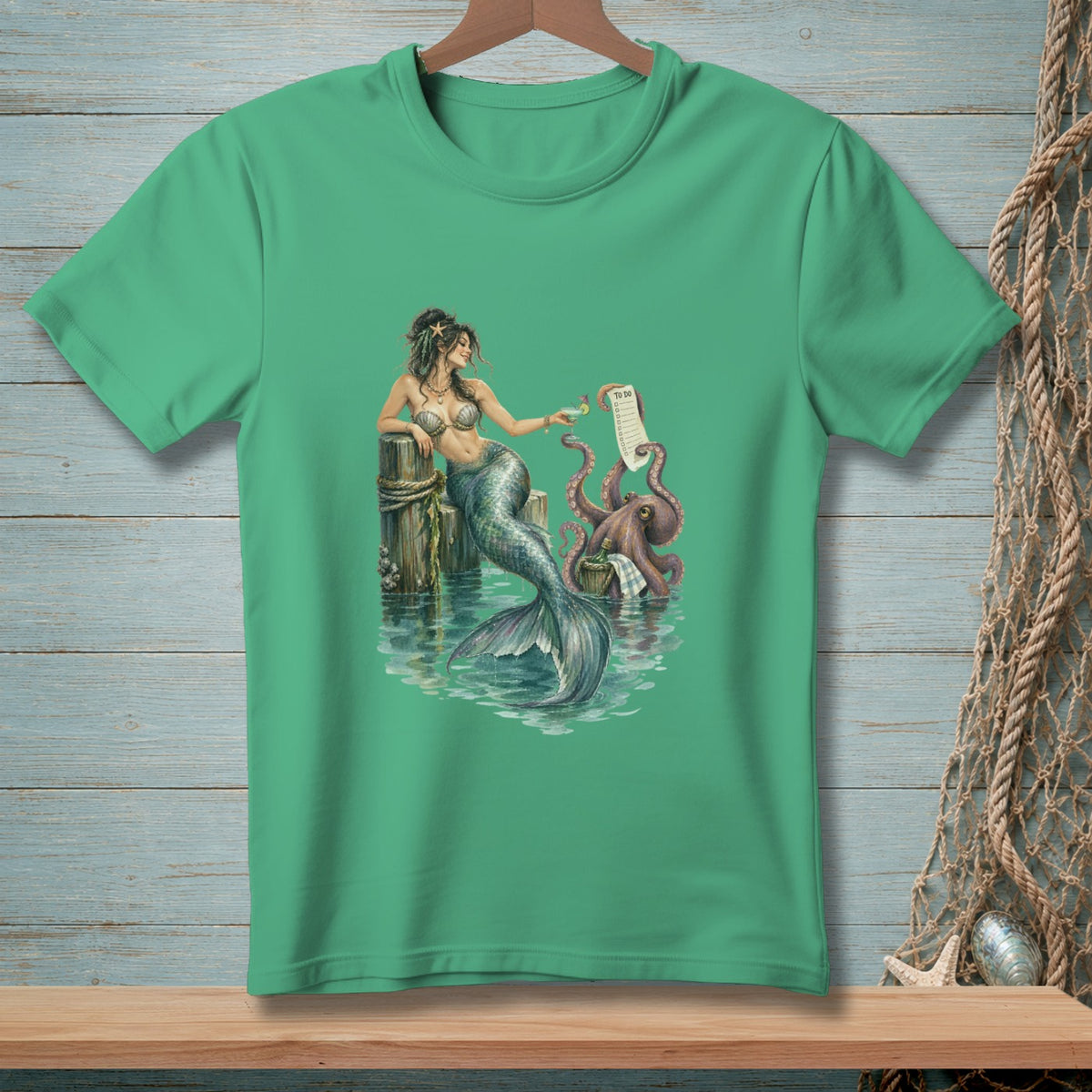 Mermaid and octopus on a dock with a "To Do" list and drinks.