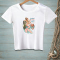 White t-shirt featuring a mermaid with an octopus and the text "Repurpose. Reuse. Relax."