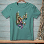 Mermaid with pink gift bag on dock with crab, seagull, and lighthouse.