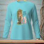 Turquoise long-sleeve shirt with a mermaid illustration and text "BAD? THIS TOOK ALL TIDE."