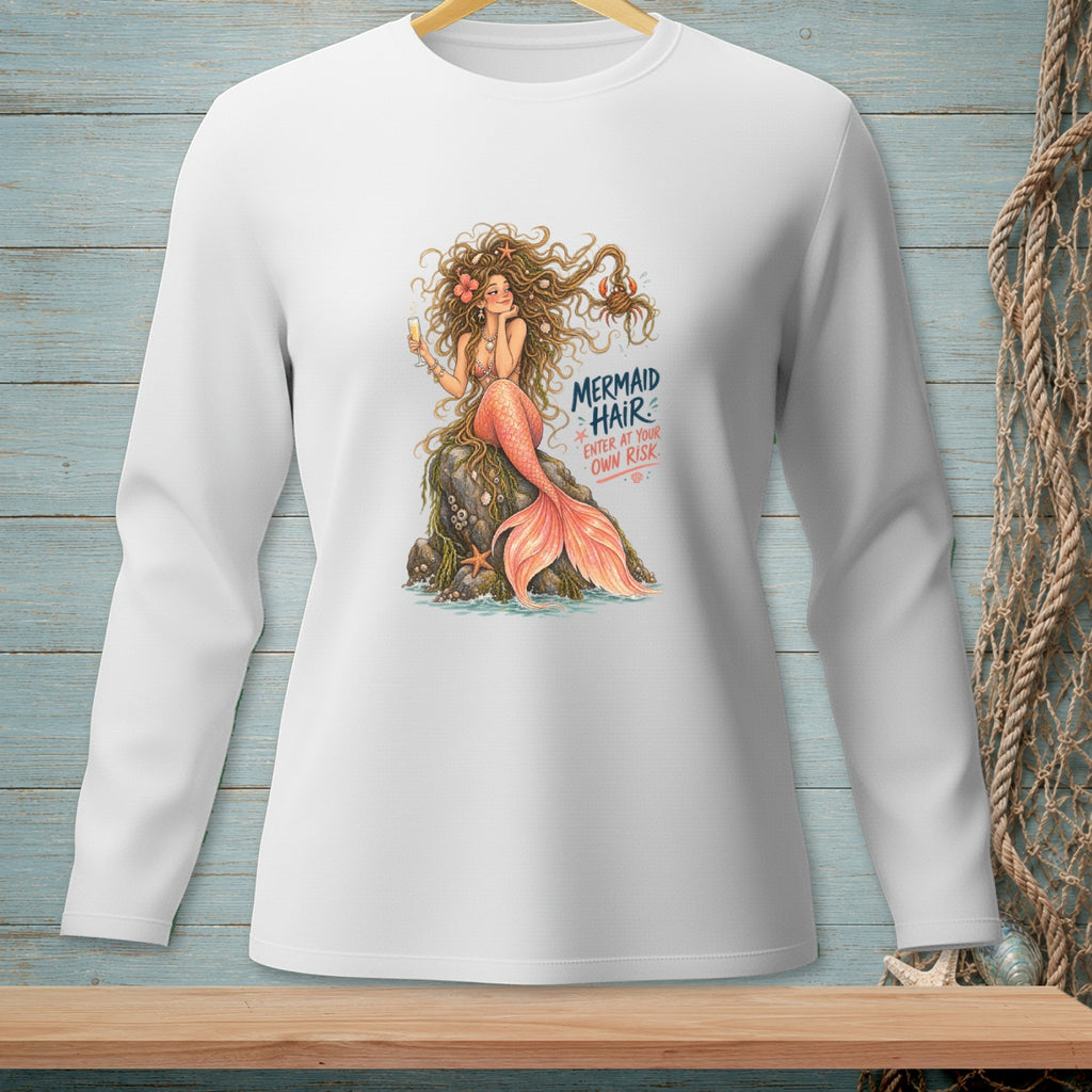 Long sleeve shirt with mermaid graphic and text "Mermaid Hair Enter at Your Own Risk".