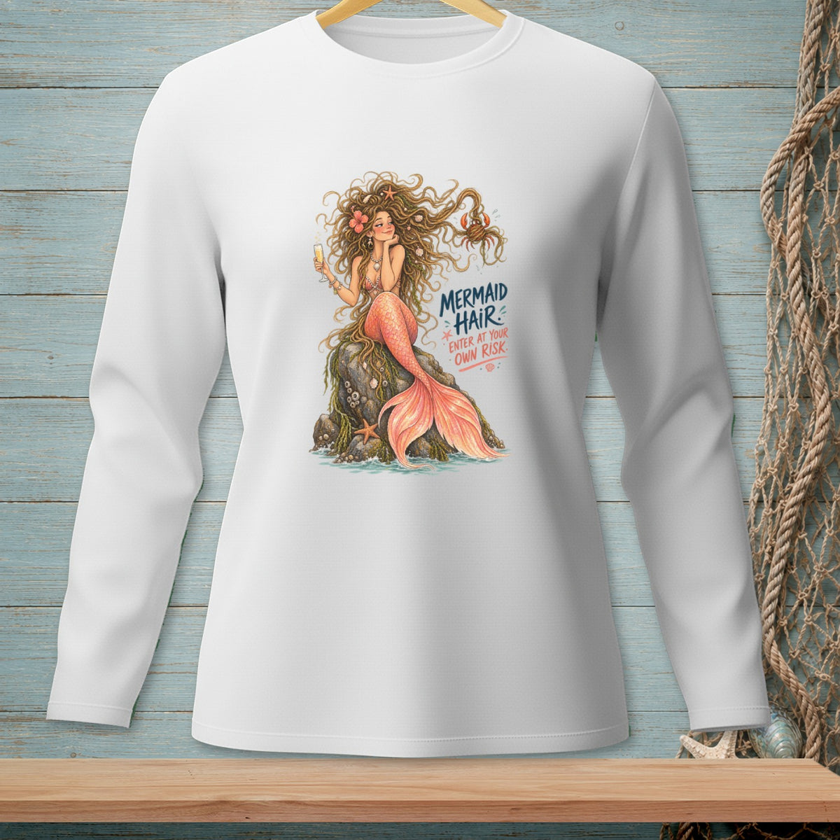 Long sleeve shirt with mermaid graphic and text "Mermaid Hair Enter at Your Own Risk".