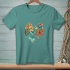 Mermaid with a drink and octopus holding flowers and sunglasses on t-shirt.