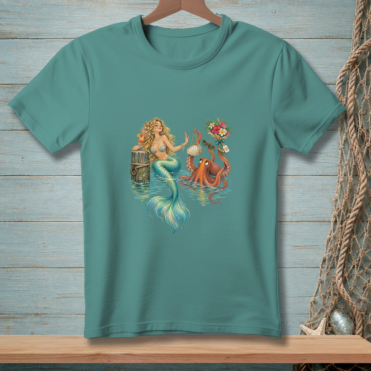 Mermaid with a drink and octopus holding flowers and sunglasses on t-shirt.