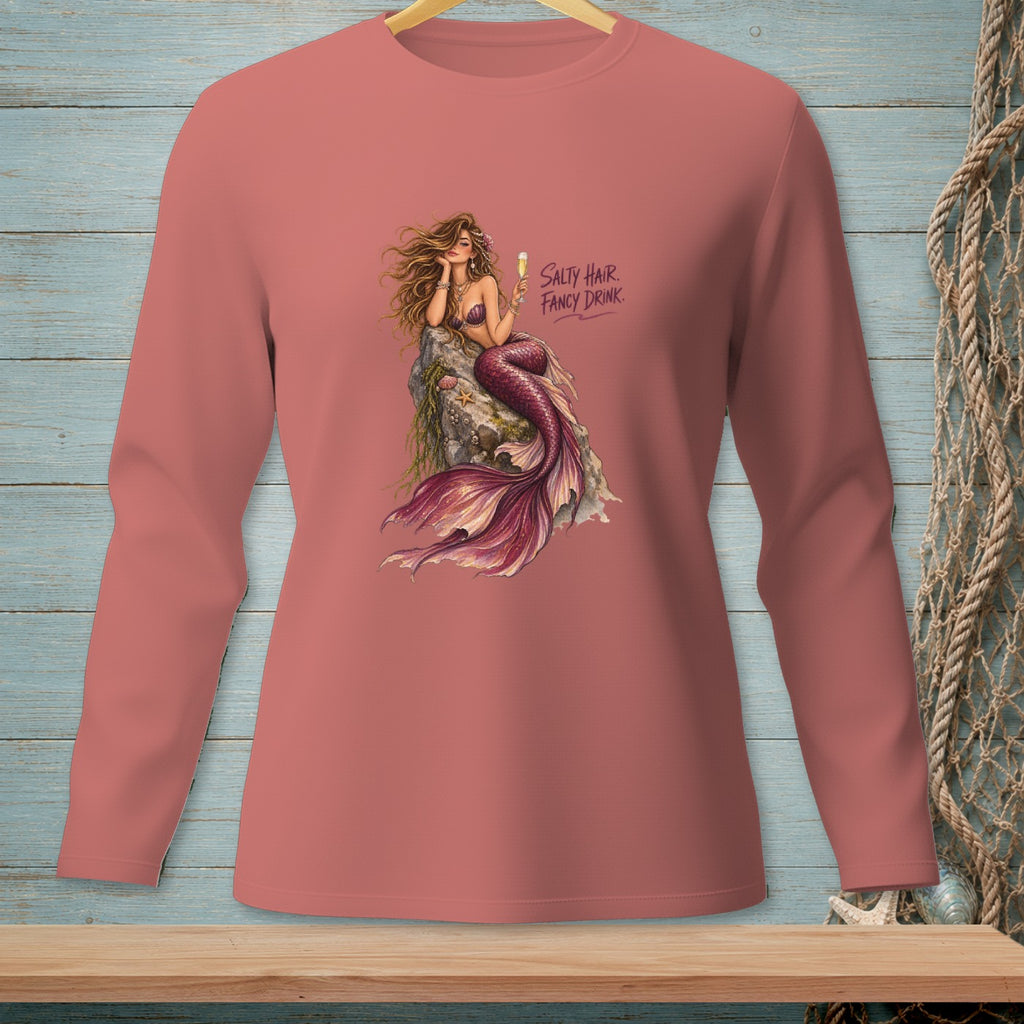 Long-sleeved shirt with a mermaid illustration and text "Salty Hair. Fancy Drink."
