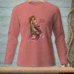 Long-sleeved shirt with a mermaid illustration and text "Salty Hair. Fancy Drink."