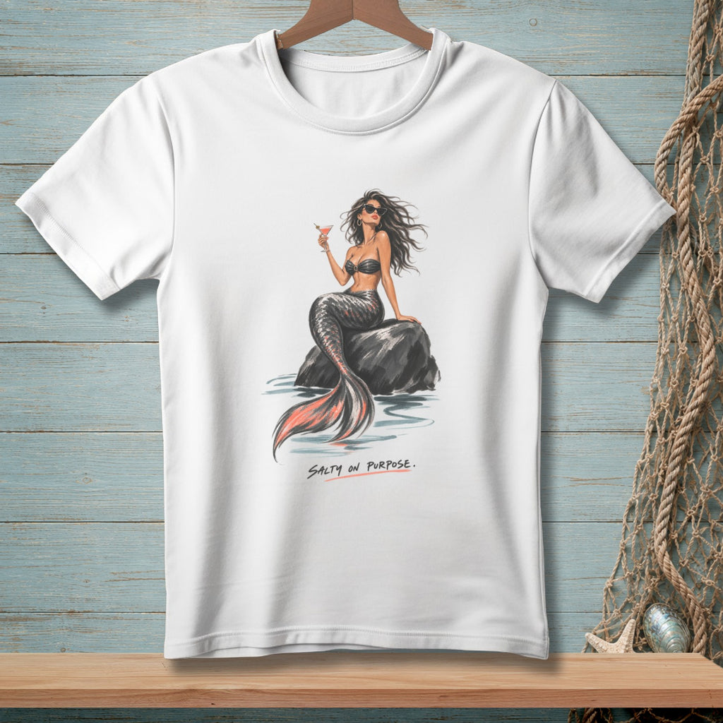 White t-shirt with mermaid graphic and text "Salty on Purpose."