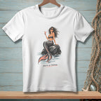 White t-shirt with mermaid graphic and text "Salty on Purpose."