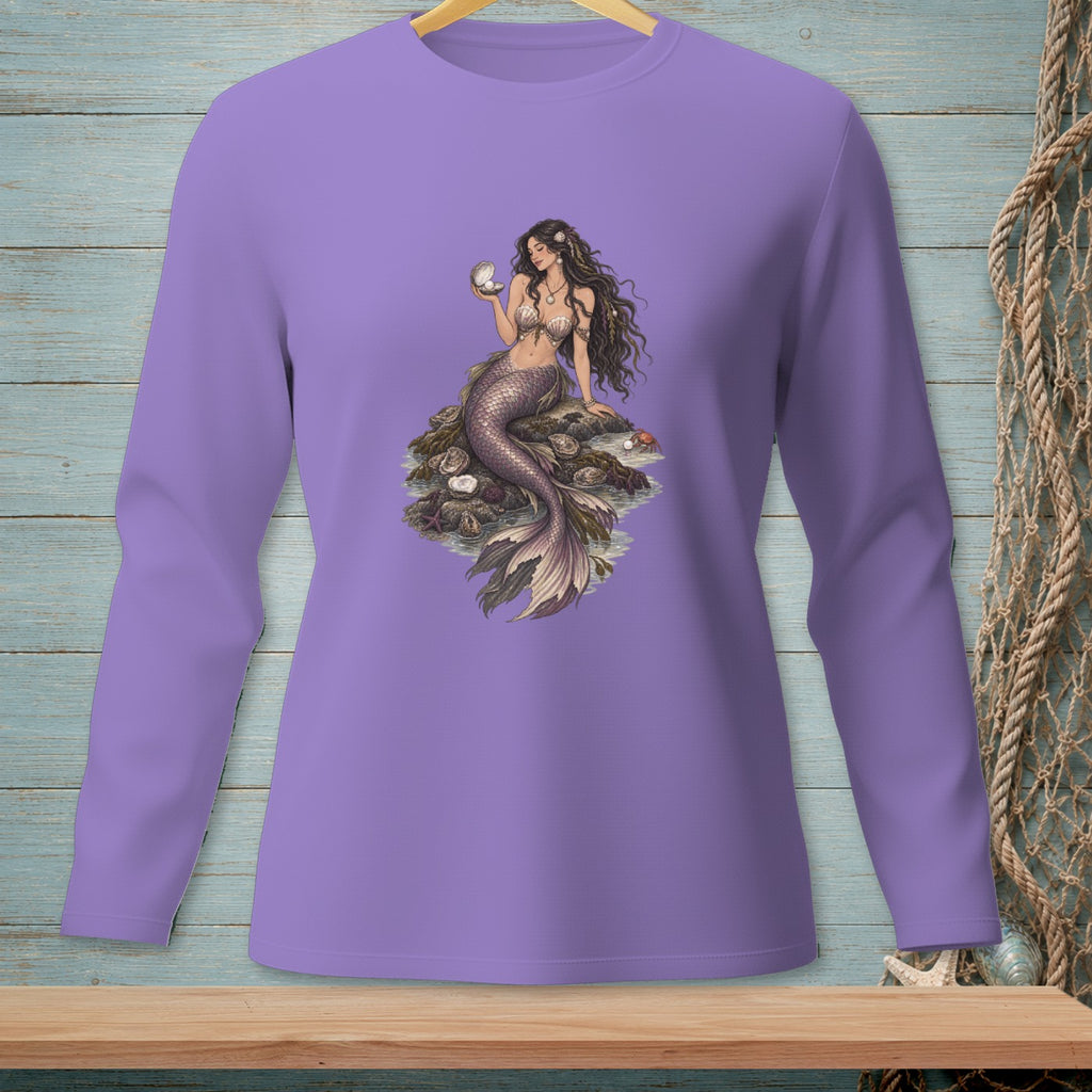 Illustration of a mermaid holding a pearl on a rock surrounded by seashells.