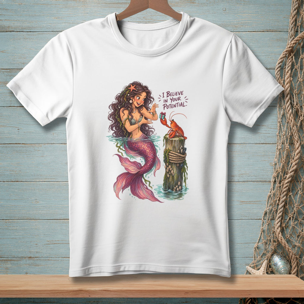 Mermaid offers lobster a gift with text "I believe in your potential."