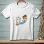 White t-shirt with a mermaid and a seagull on a "NO WAKE" buoy.