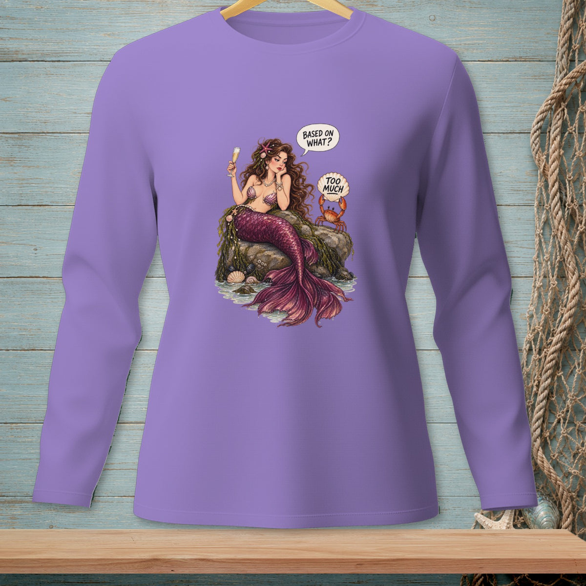 Mermaid sitting on a rock with a champagne glass, and a crab with text "Too Much".