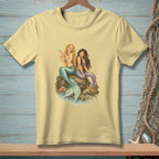 Two mermaids sit on rocks, one holding a pearl, with a basket nearby.