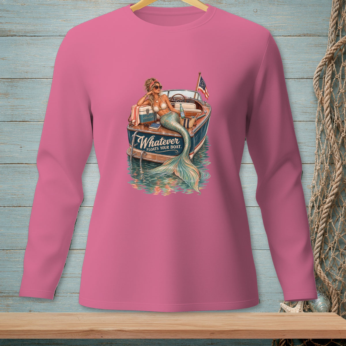 Mermaid on a boat with "Whatever Floats Your Boat" text and American flag.