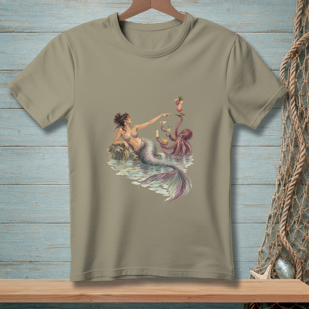 A mermaid and octopus holding drinks on a rock in the water.