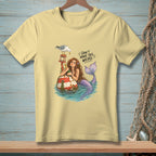 Mermaid with a bottle on a buoy, seagull, and text "DON'T MAKE THIS WEIRD."
