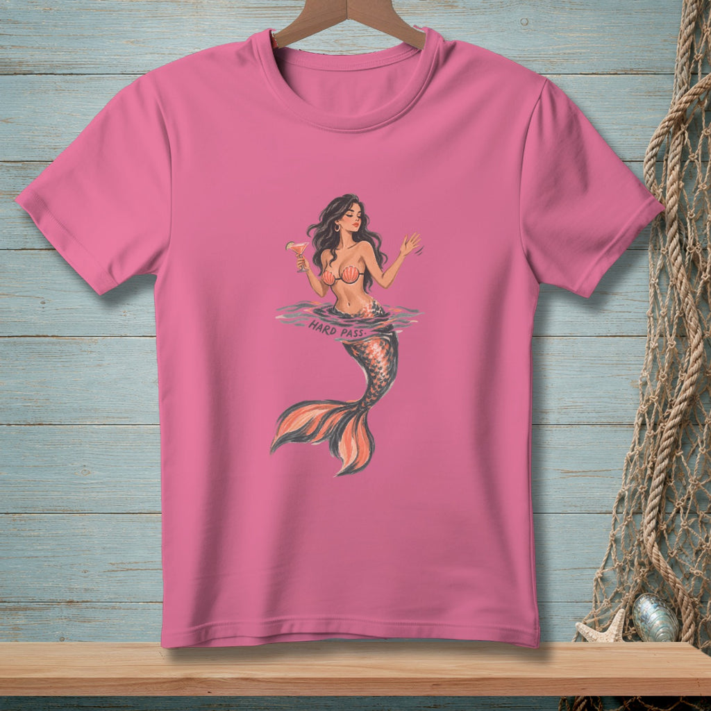 Pink t-shirt with a watercolor illustration of a mermaid holding a drink, text "HARD PASS".