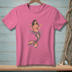 Pink t-shirt with a watercolor illustration of a mermaid holding a drink, text "HARD PASS".