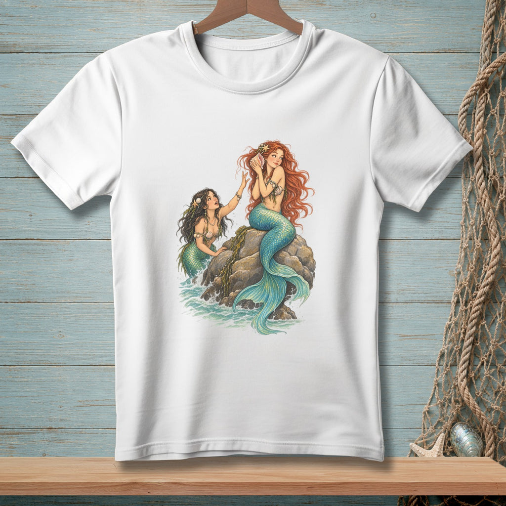 White t-shirt with illustration of two mermaids by rocks and water.
