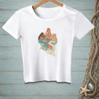 White t-shirt with a graphic of three mermaids socializing in water with drinks.