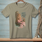 T-shirt graphic with mermaid sitting on a post, text reads "Don't touch the mermaid hair."