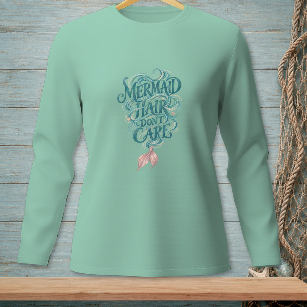 Mint long-sleeve shirt with "Mermaid Hair Don't Care" text and tail graphic.