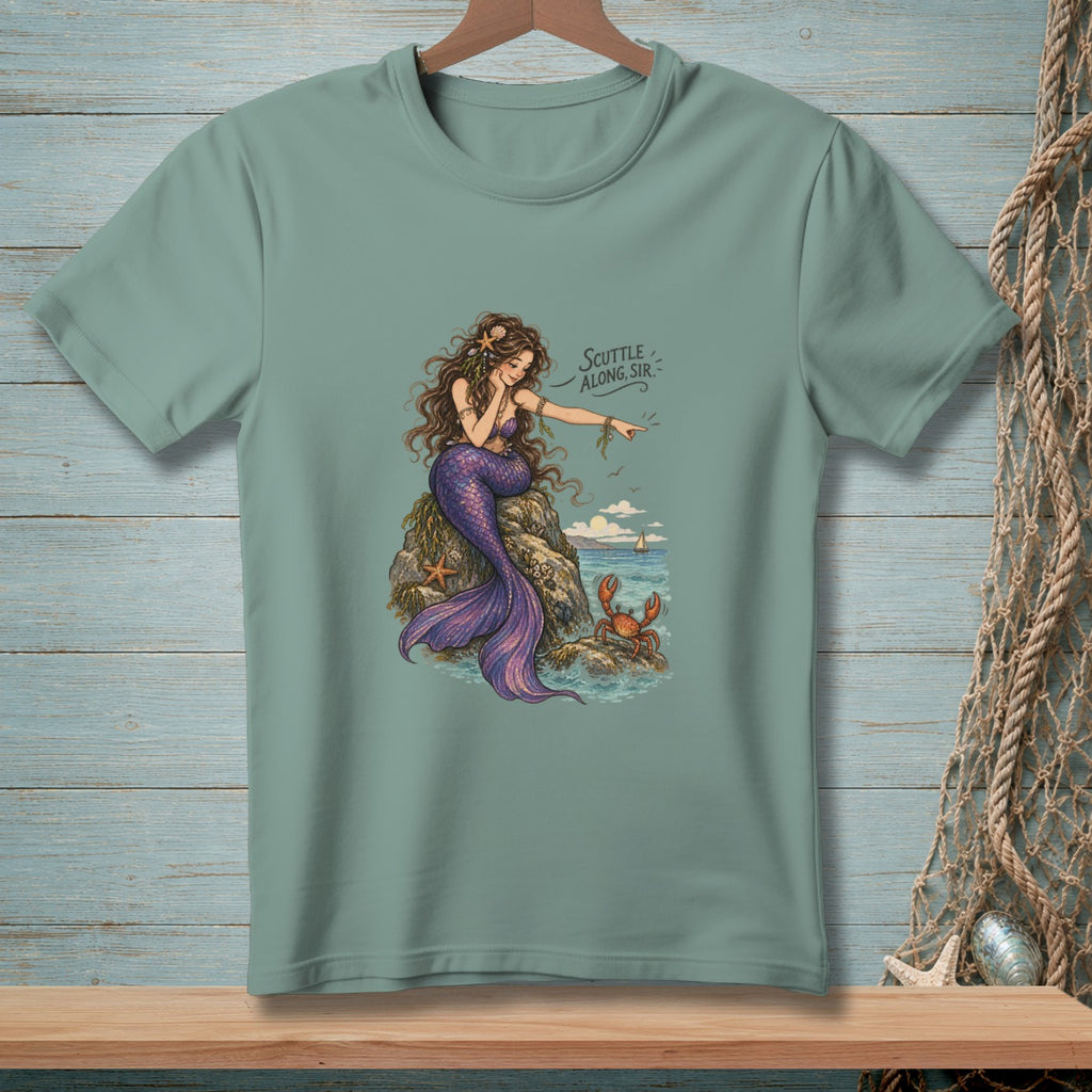 Mermaid on a rock pointing at a crab with text "Scuttle Along, Sir."