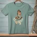 Illustration of a mermaid sitting on a rock with waves, holding a drink.