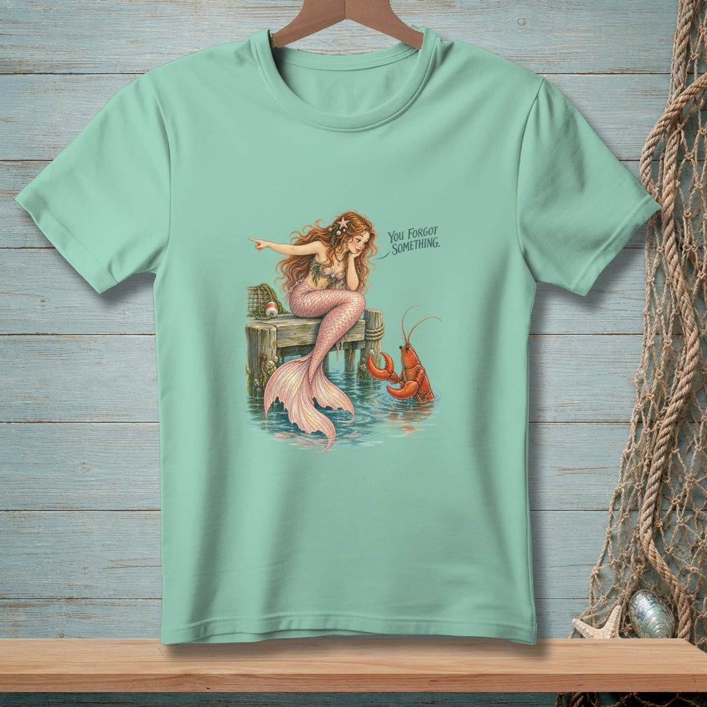 Mermaid on dock points to lobster with text "You Forgot Something."