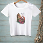 White t-shirt with mermaid and lobster graphic and text "The bar was low."