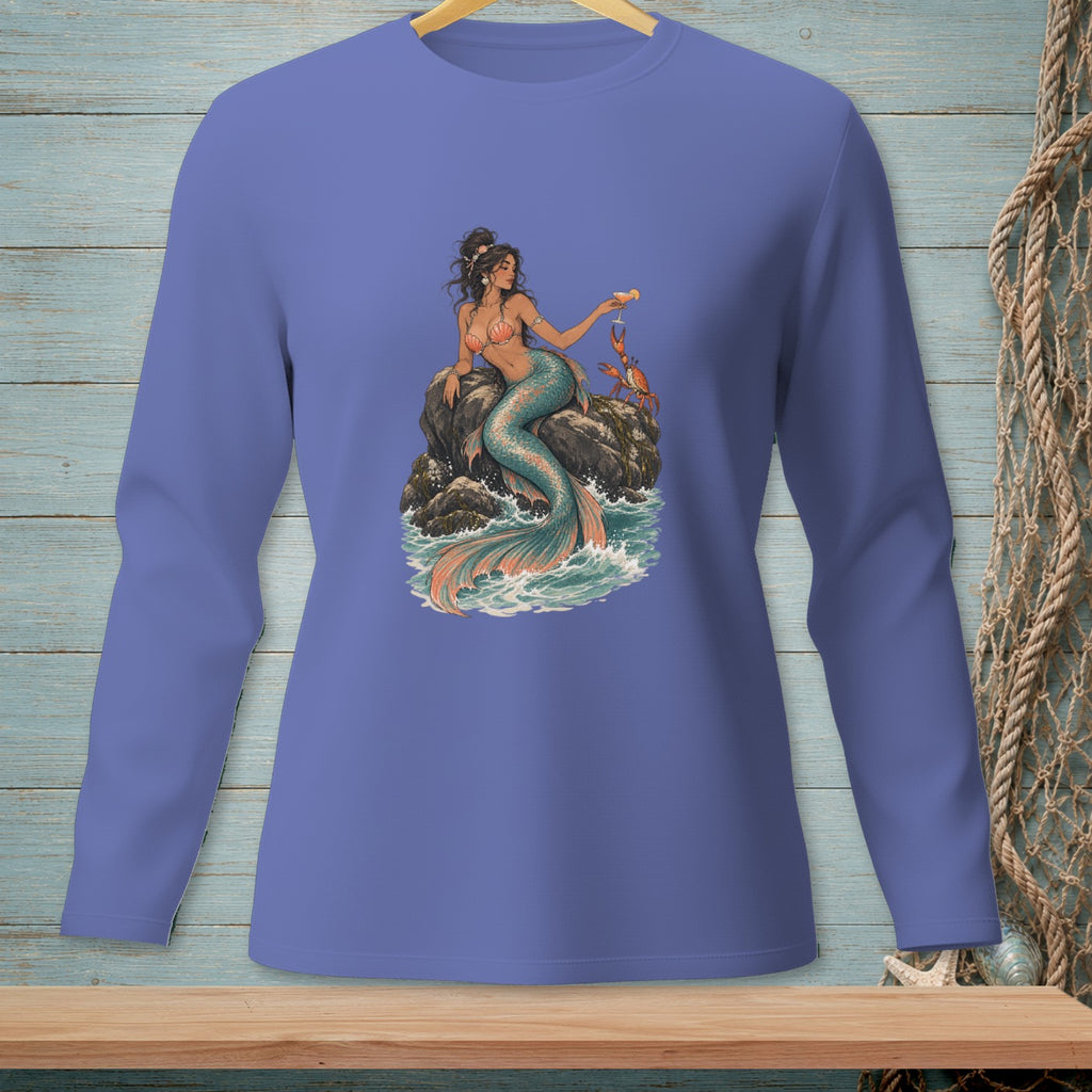 Illustration of a mermaid on a rock with a crab and drink.