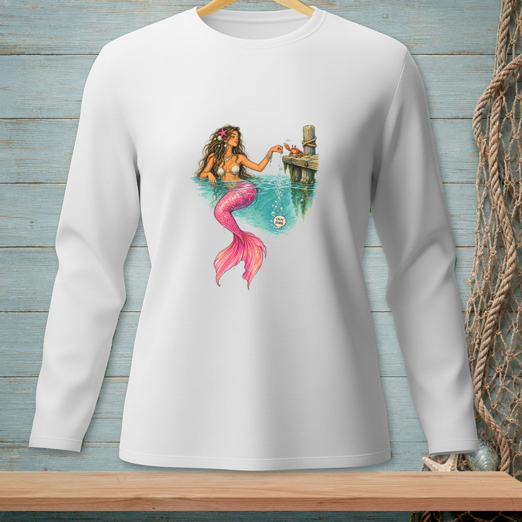 Illustration of a mermaid with pink tail on a white long-sleeve shirt.