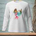 Illustration of a mermaid with pink tail on a white long-sleeve shirt.