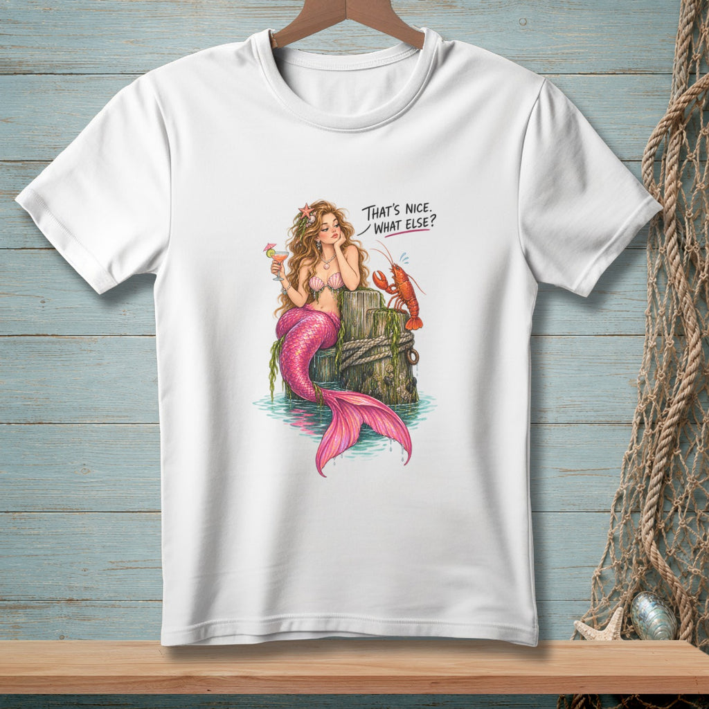 White t-shirt with a mermaid and lobster graphic and text.
