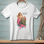 White t-shirt with a mermaid and lobster graphic and text.