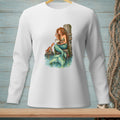 Mermaid with red hair holding chocolates in a seashell with a crab.