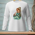 Mermaid with red hair holding chocolates in a seashell with a crab.