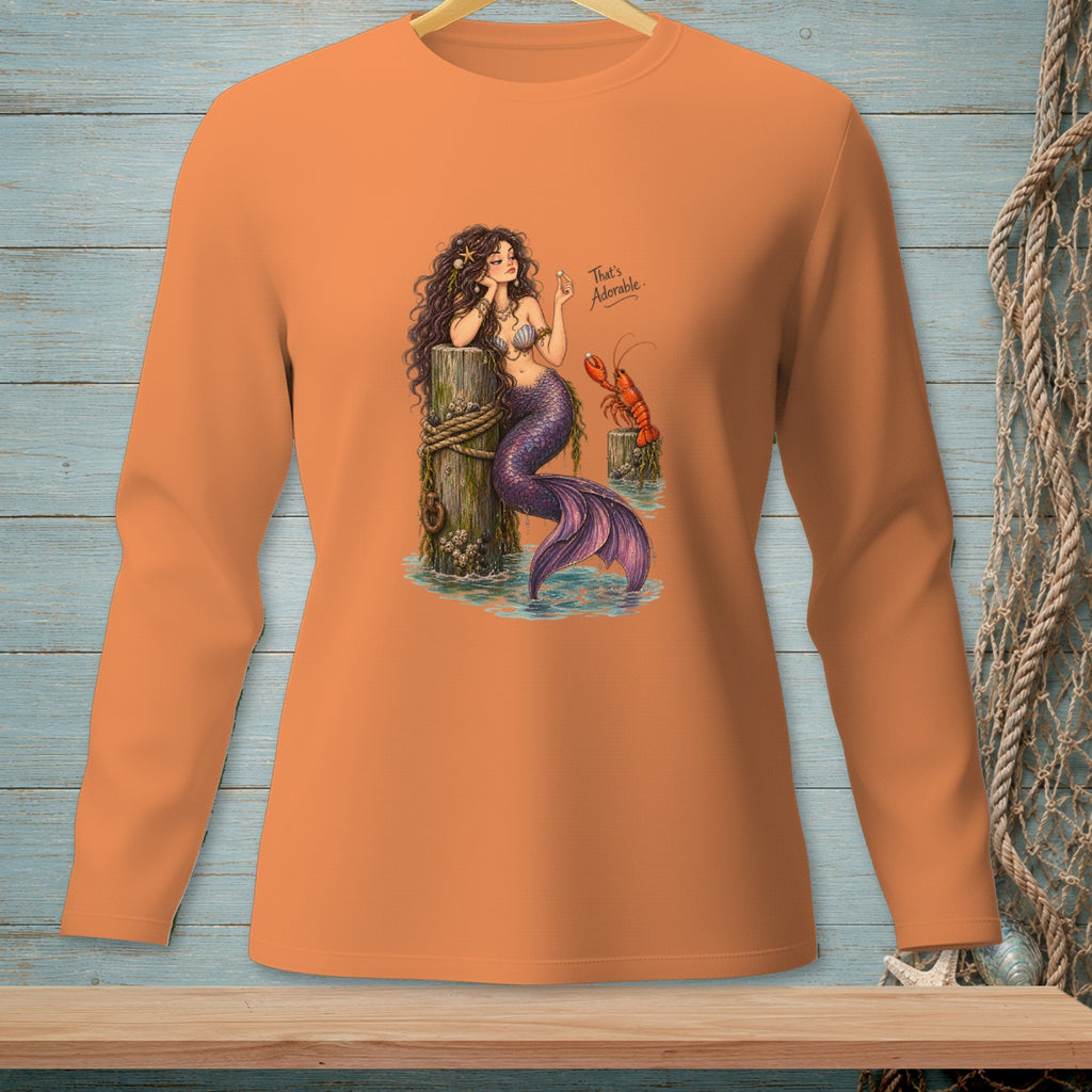 Mermaid with purple tail and lobster on a wooden post, text "That's Adorable."