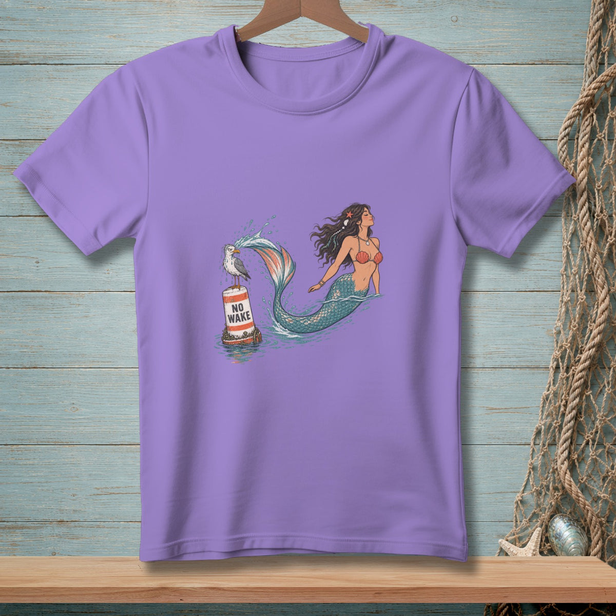 Mermaid in water next to a buoy with a seagull and "NO WAKE" text.