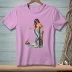 Pink t-shirt with a graphic of a mermaid holding a drink and a crab.