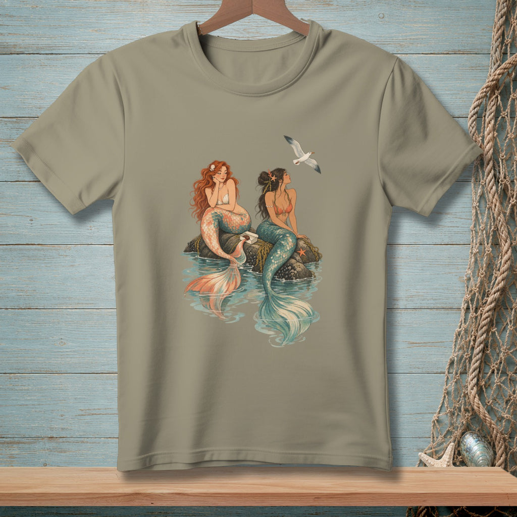 Two mermaids sit on rocks in the ocean with a seagull flying overhead.