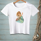 White t-shirt with a mermaid, crab, and sign that reads "ATTITUDE".