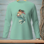 Mermaid holding a drink and leaning on a buoy in the ocean.