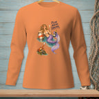 Long sleeve orange shirt with mermaid, crab, champagne, and text "PLAN AHEAD, DARLING."