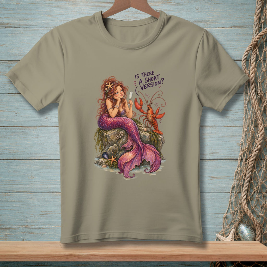 Mermaid with pink tail sits on rock with lobster, text reads "IS THERE A SHORT VERSION?".