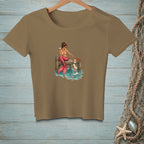 Brown t-shirt with a mermaid on a dock dropping letters into water.